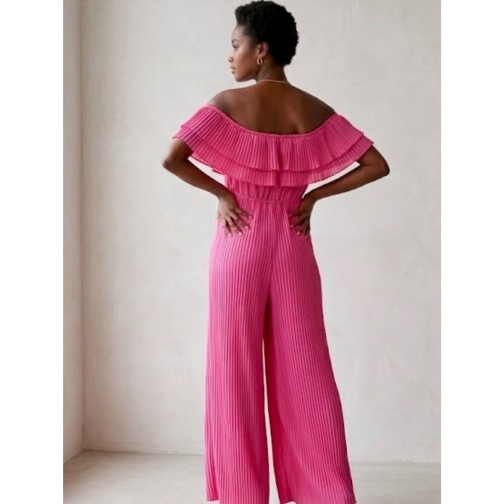 Nasty Gal Hot Pink Pleated Off The Shoulder Ruffle Wide Leg Jumpsuit Womens 10 - Picture 5 of 7